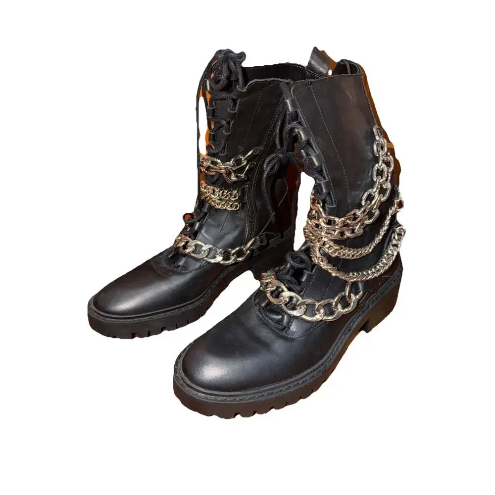 Zara Black Leather Chain Combat Boots 9.5